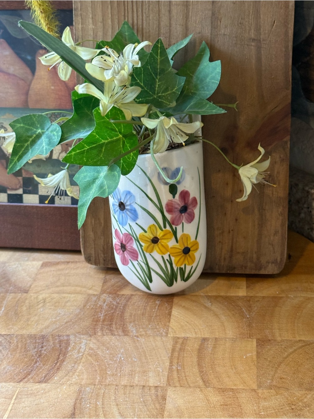Vintage  Ceramic Wall Pocket Floral Hanging Vase Hand Painted